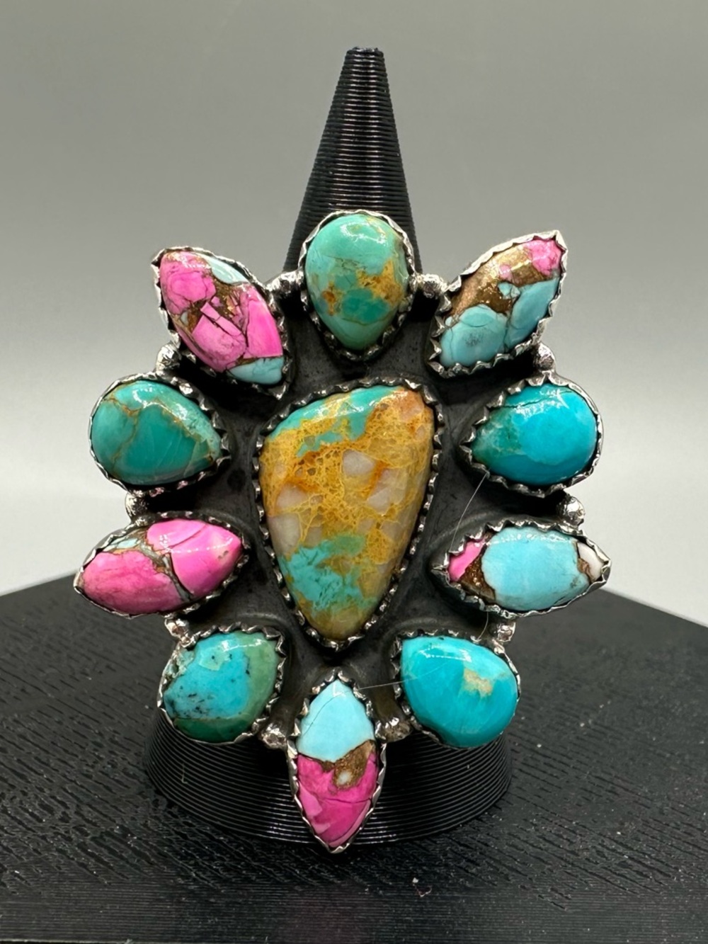 Royston Ribbon Cotton Candy Turquoise Sterling Silver 925 Cluster Ring Handmade